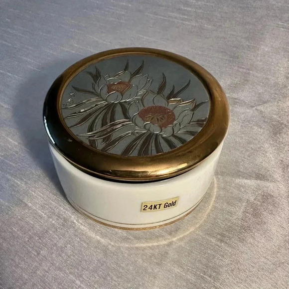 The Art of Chokin Japan Floral Lidded Porcelain Trinket Jar 24K Gold Trim - Picture 4 of 4